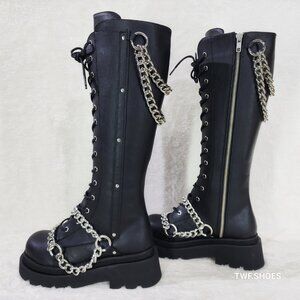 Renegade Lace Up Draped Chain Combat Knee High Boots Goth Punk Rocker Biker Boot